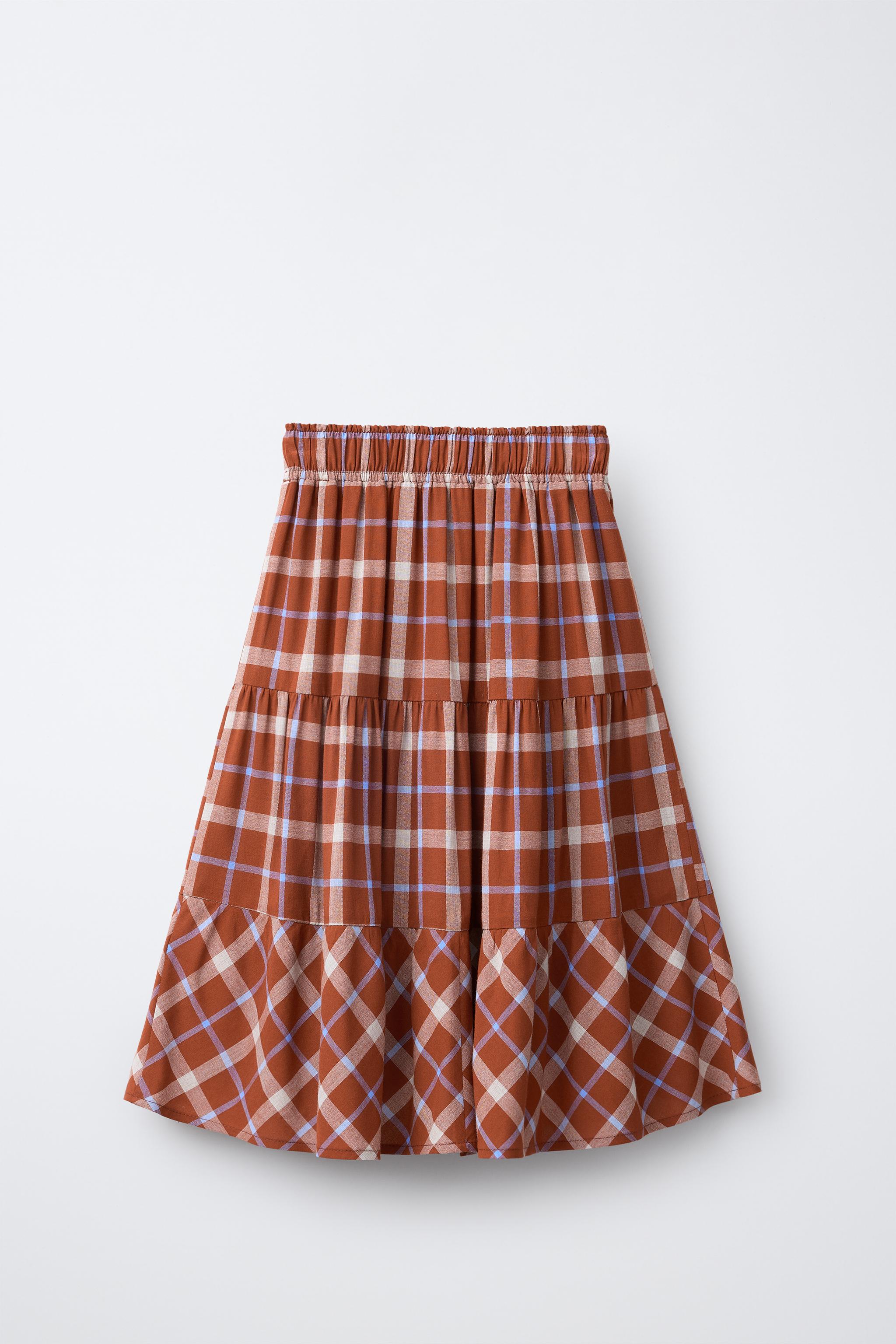 PLAID TIERED MIDI SKIRT
